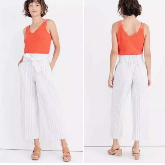 Madewell Pants Small Blue Cream Stripe Wide Leg Linen High Waisted - Picture 3 of 6